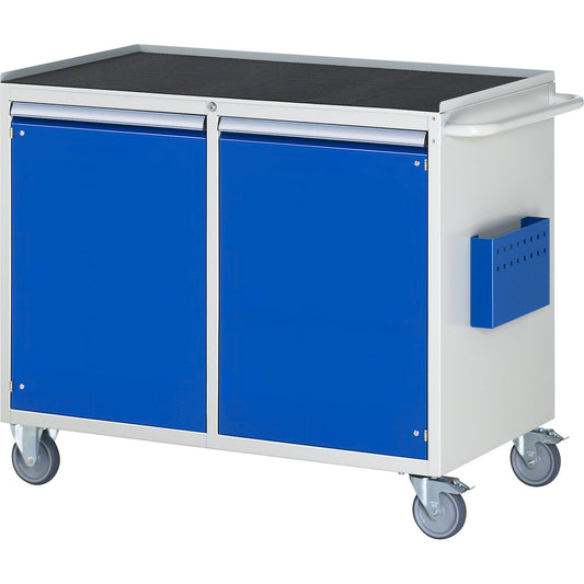Compact workbenches, mobile, 2 doors, metal tray with rubber mat, light grey / gentian blue.