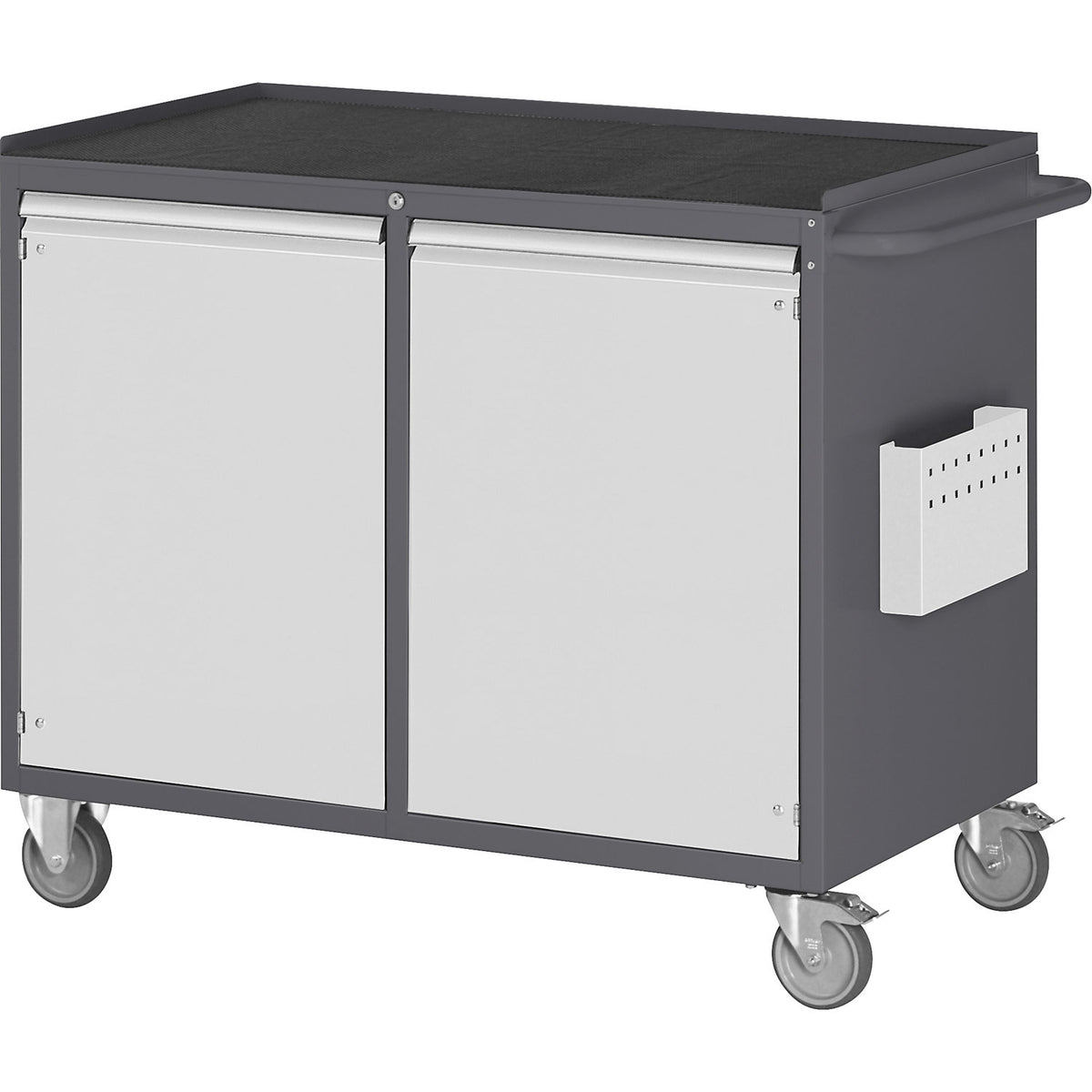 Compact workbenches, mobile, 2 doors, metal tray with rubber mat, charcoal / light grey.
