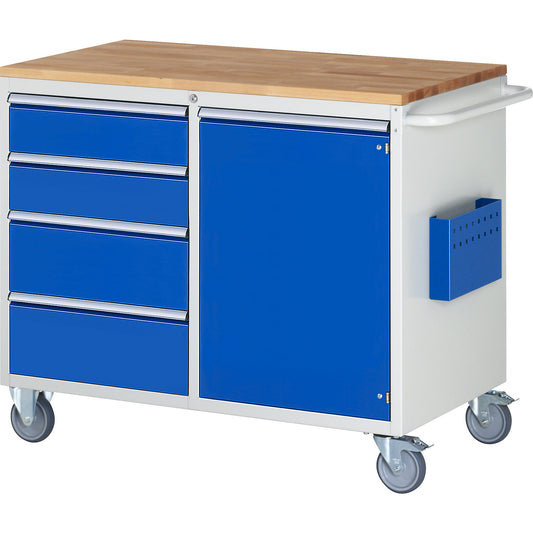 Compact workbenches, mobile, 4 drawers, 1 door, wood work surface, light grey / gentian blue.