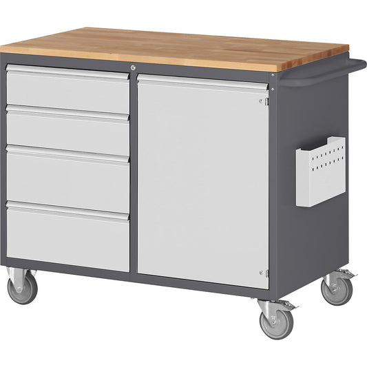 Compact workbenches, mobile, 4 drawers, 1 door, wood work surface, charcoal / light grey.