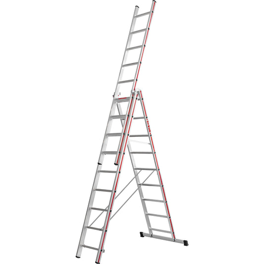 Aluminium multi-purpose ladder, trade model, 3 x 9 rungs, max. working height 7.39 m.