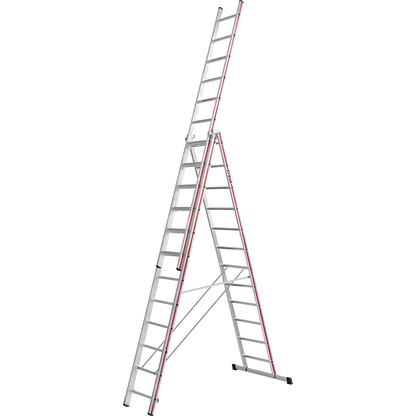 Aluminium multi-purpose ladder, trade model, 3 x 12 rungs, max. working height 9.32 m.