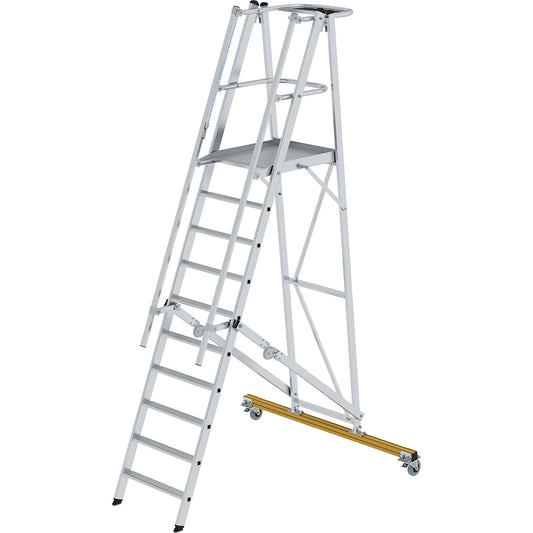 Aluminium folding safety steps, mobile, with 3-sided platform railing, 10 rungs incl. platform.