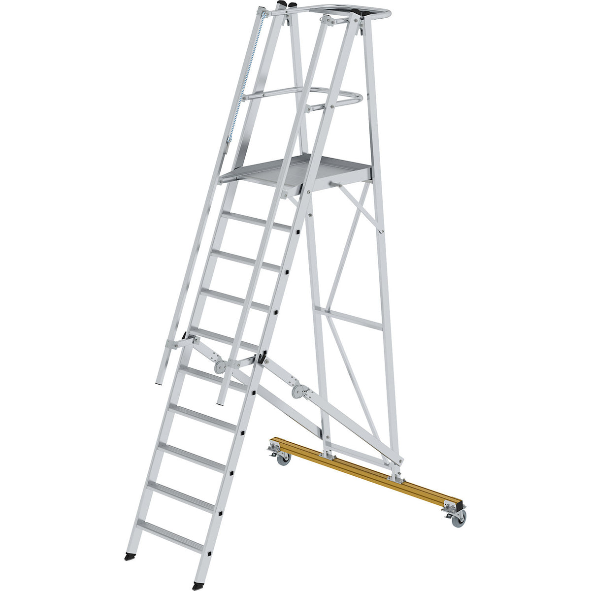 Aluminium folding safety steps, mobile, with 3-sided platform railing, 10 rungs incl. platform.