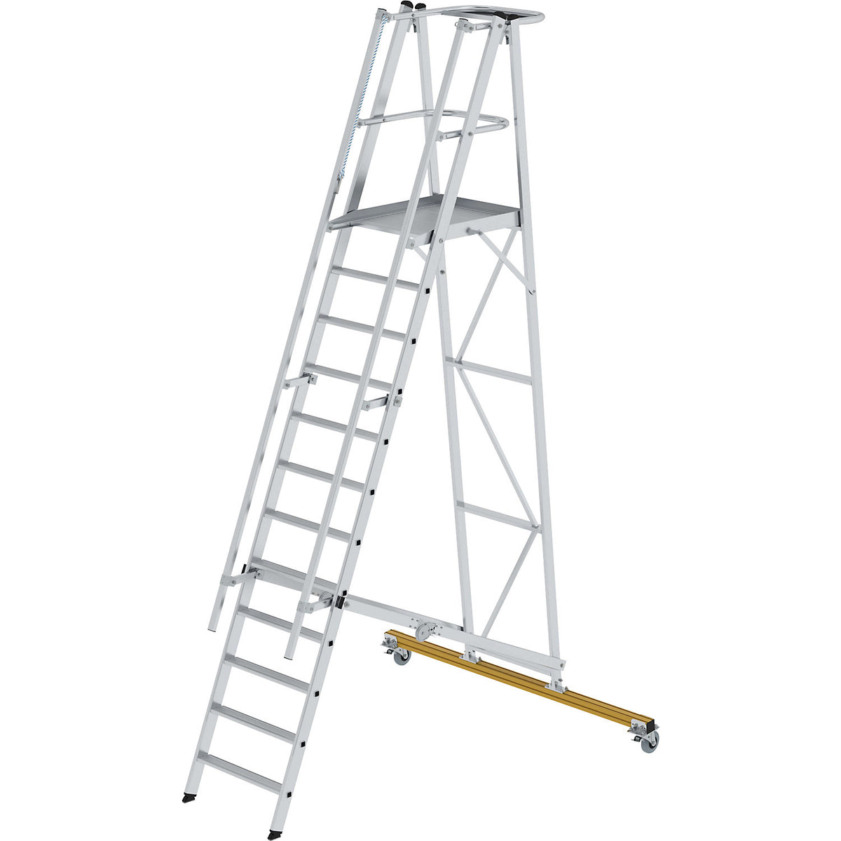 Aluminium folding safety steps, mobile, with 3-sided platform railing, 12 rungs incl. platform.