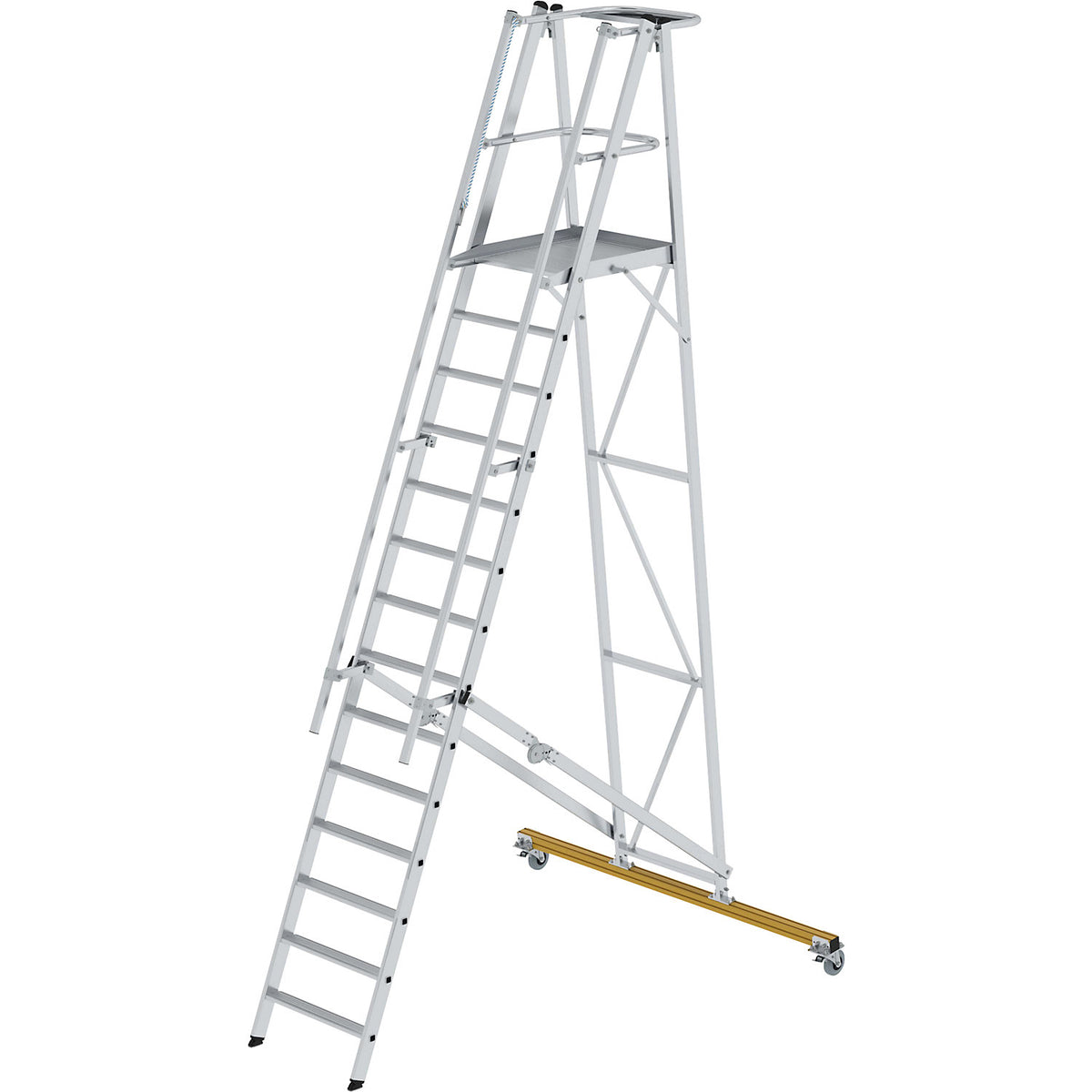 Aluminium folding safety steps, mobile, with 3-sided platform railing, 14 rungs incl. platform.