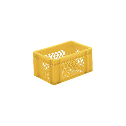 Euro stacking container, perforated walls and base, LxWxH 300 x 200 x 145 mm, yellow, pack of 5.