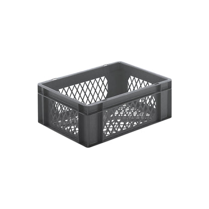 Euro stacking container, perforated walls and base, LxWxH 400 x 300 x 145 mm, grey, pack of 5.