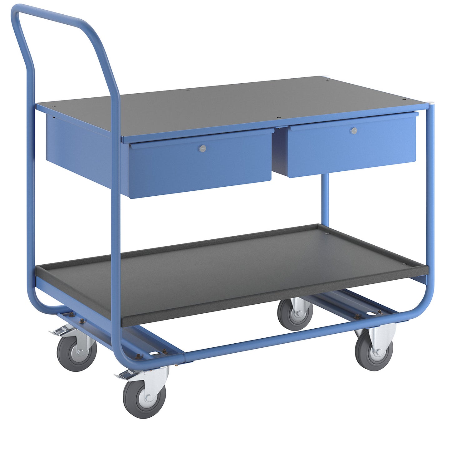 Industrial table trolley, 2 shelves, 2 drawers, solid rubber tyres, non-marking.