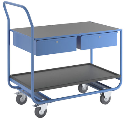 Industrial table trolley, 2 shelves, 2 drawers, solid rubber tyres, non-marking.