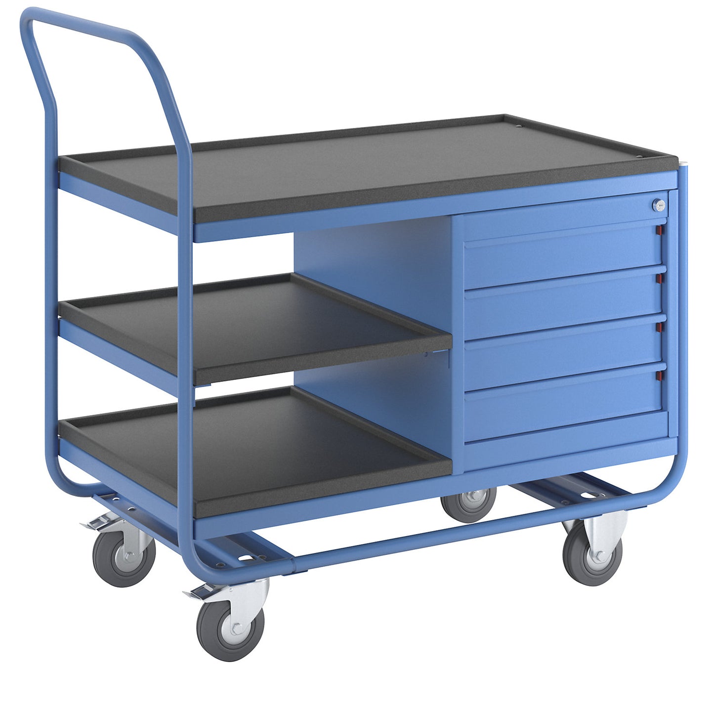 Industrial table trolley, 3 shelves, 1 drawer cupboard, solid rubber tyres, non-marking.