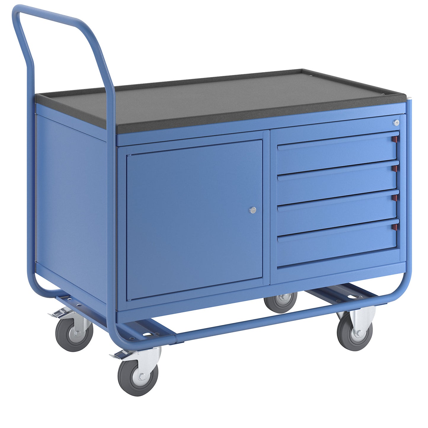 Industrial table trolley, 1 drawer unit, 1 metal cupboard, solid rubber tyres, non-marking.