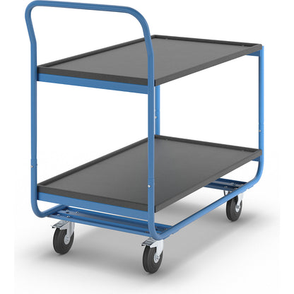 Table trolley, max. load 150 kg, 2 shelves with raised edges, solid rubber tyres, non-marking.