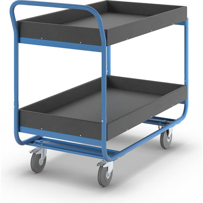 Table trolley, max. load 150 kg, 2 shelves with raised edges, solid rubber tyres, non-marking.