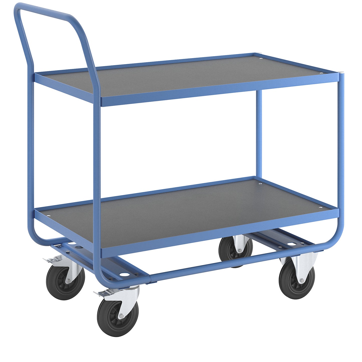 Table trolley, 2 shelves with raised steel edges, solid rubber tyres, non-marking.
