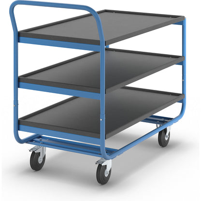 Table trolley, max. load 150 kg, 3 shelves with raised edges, solid rubber tyres, non-marking.