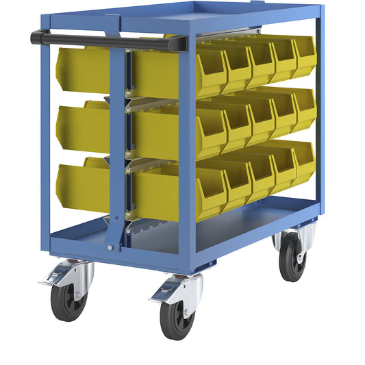 Assembly trolley, with 30 open fronted storage bins made of PE, max. load 250 kg.