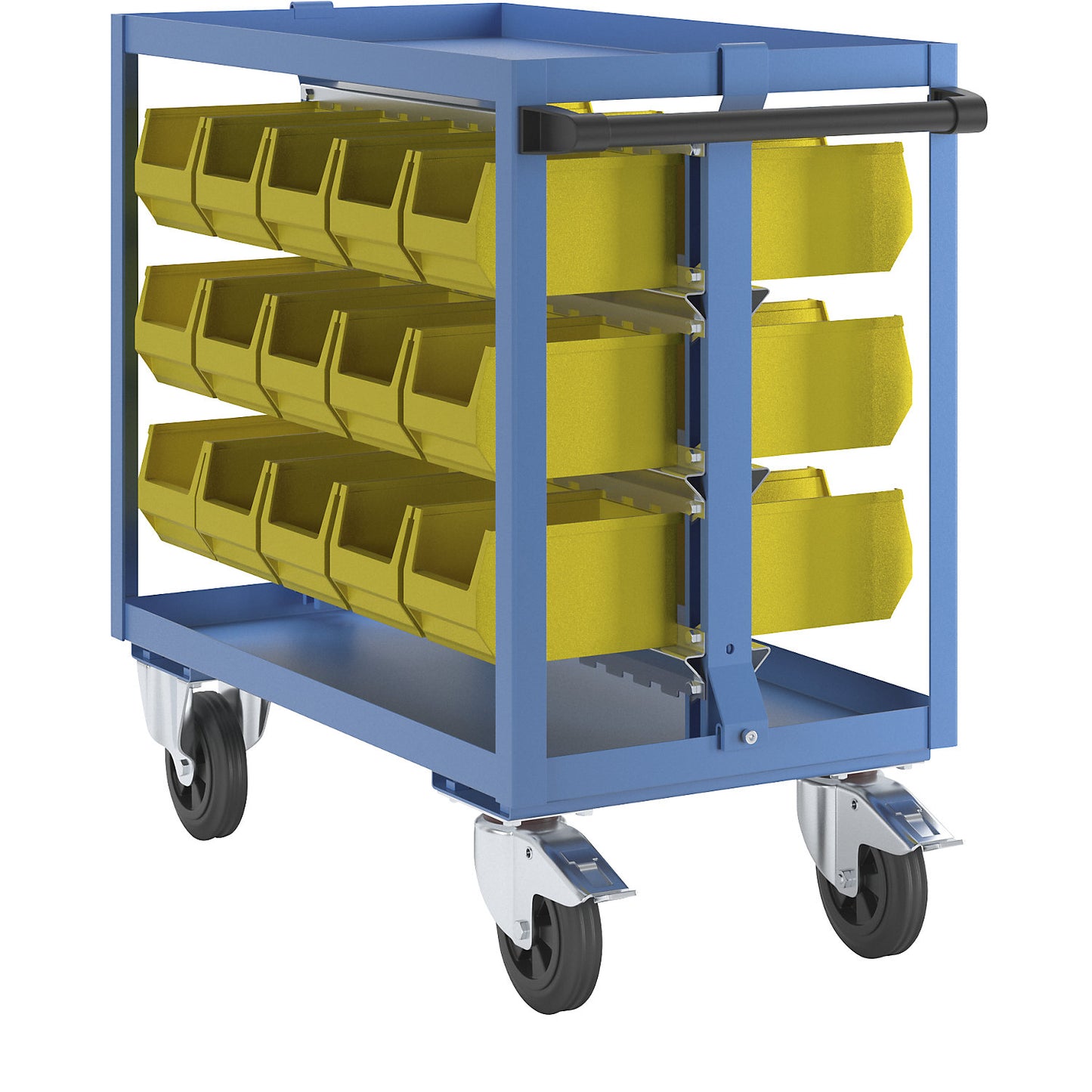 Assembly trolley, with 30 open fronted storage bins made of PE, max. load 250 kg.