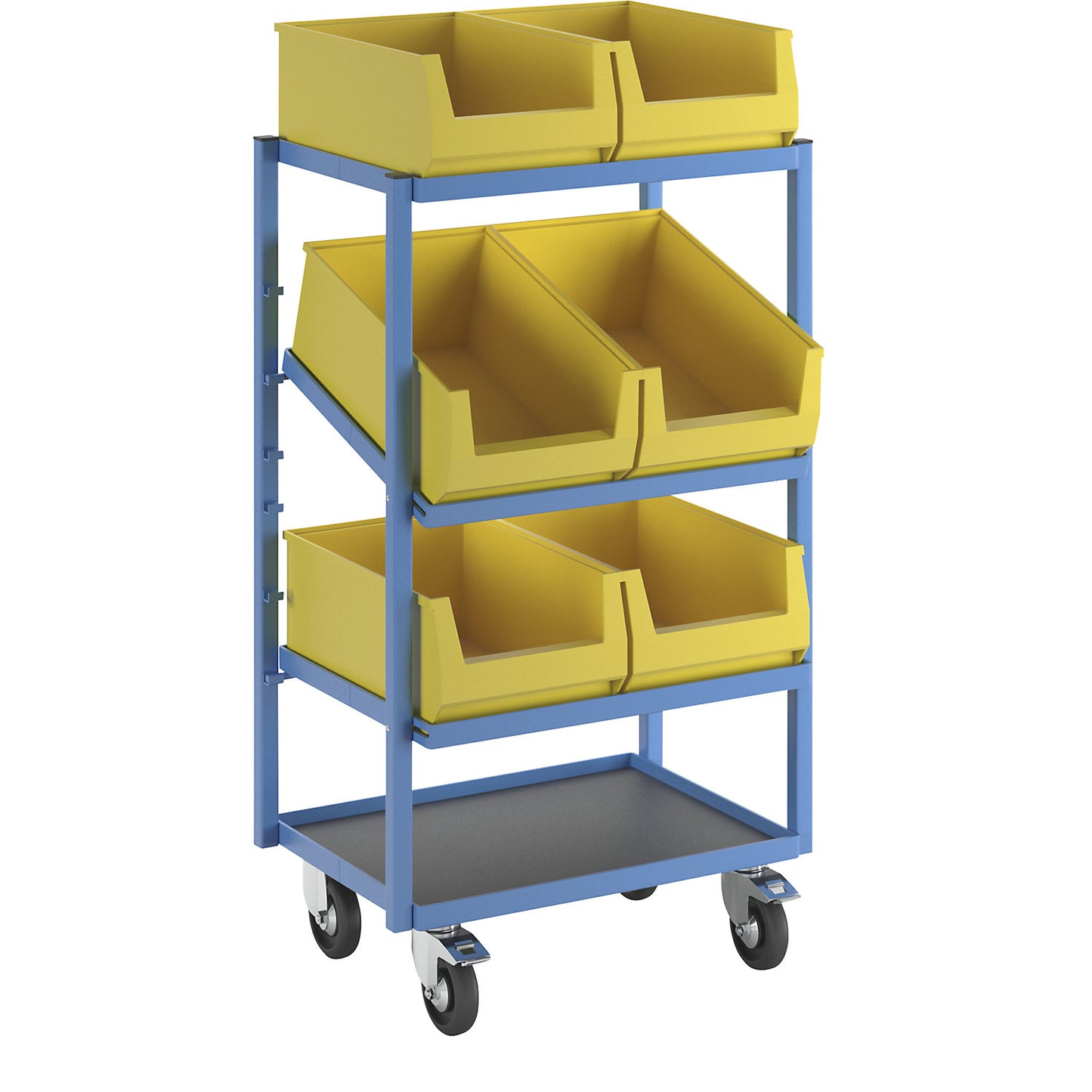 Order picking trolley, intermediate shelves can be tilted, with solid rubber tyres.