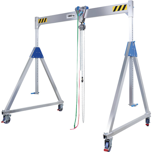ALU1 aluminium gantry crane, with spur gear block and tackle unit, max. load 500 kg, suspension height 2170 - 3020 mm.