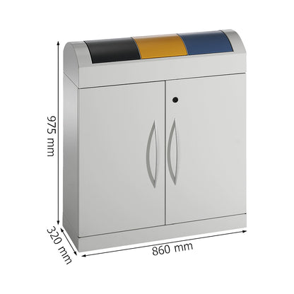 Recyclable waste collector cupboard, compact, with colour coded hinged lids, 3 x 45 l, HxWxD 975 x 860 x 320 mm.