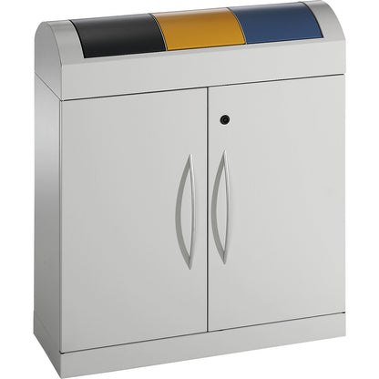 Recyclable waste collector cupboard, compact, with colour coded hinged lids, 3 x 45 l, HxWxD 975 x 860 x 320 mm.