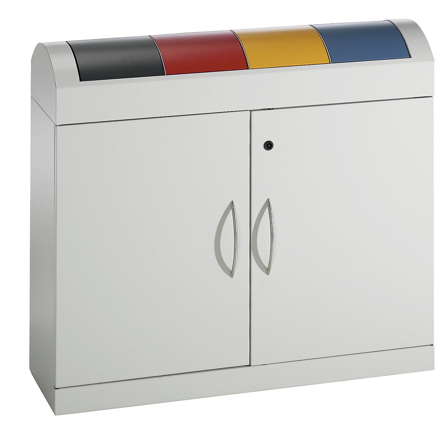 Recyclable waste collector cupboard, compact, with colour coded hinged lids, 4 x 45 l, HxWxD 975 x 1100 x 320 mm.
