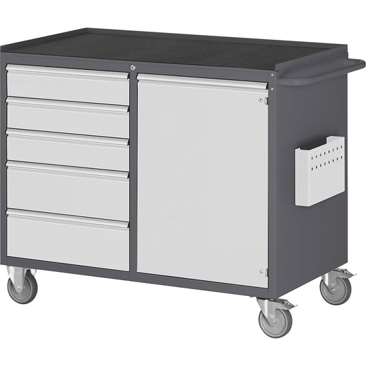Compact workbenches, mobile, 5 drawers, 1 door, metal tray with rubber mat, charcoal / light grey.