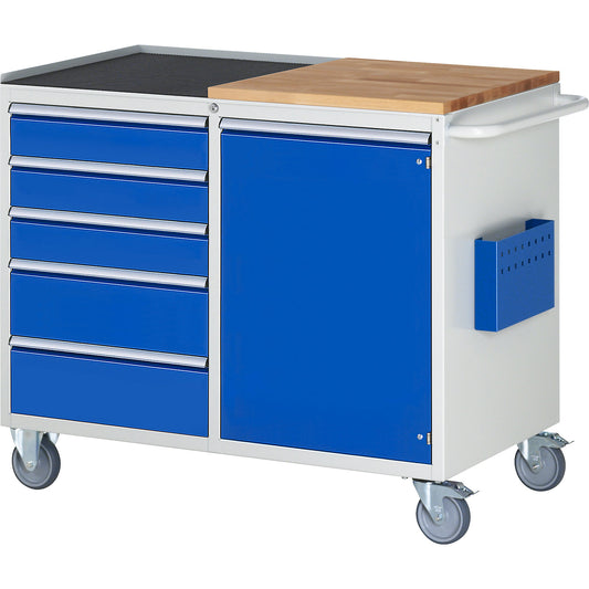 Compact workbenches, mobile, 5 drawers, 1 door, wood / metal work surface, light grey / gentian blue.
