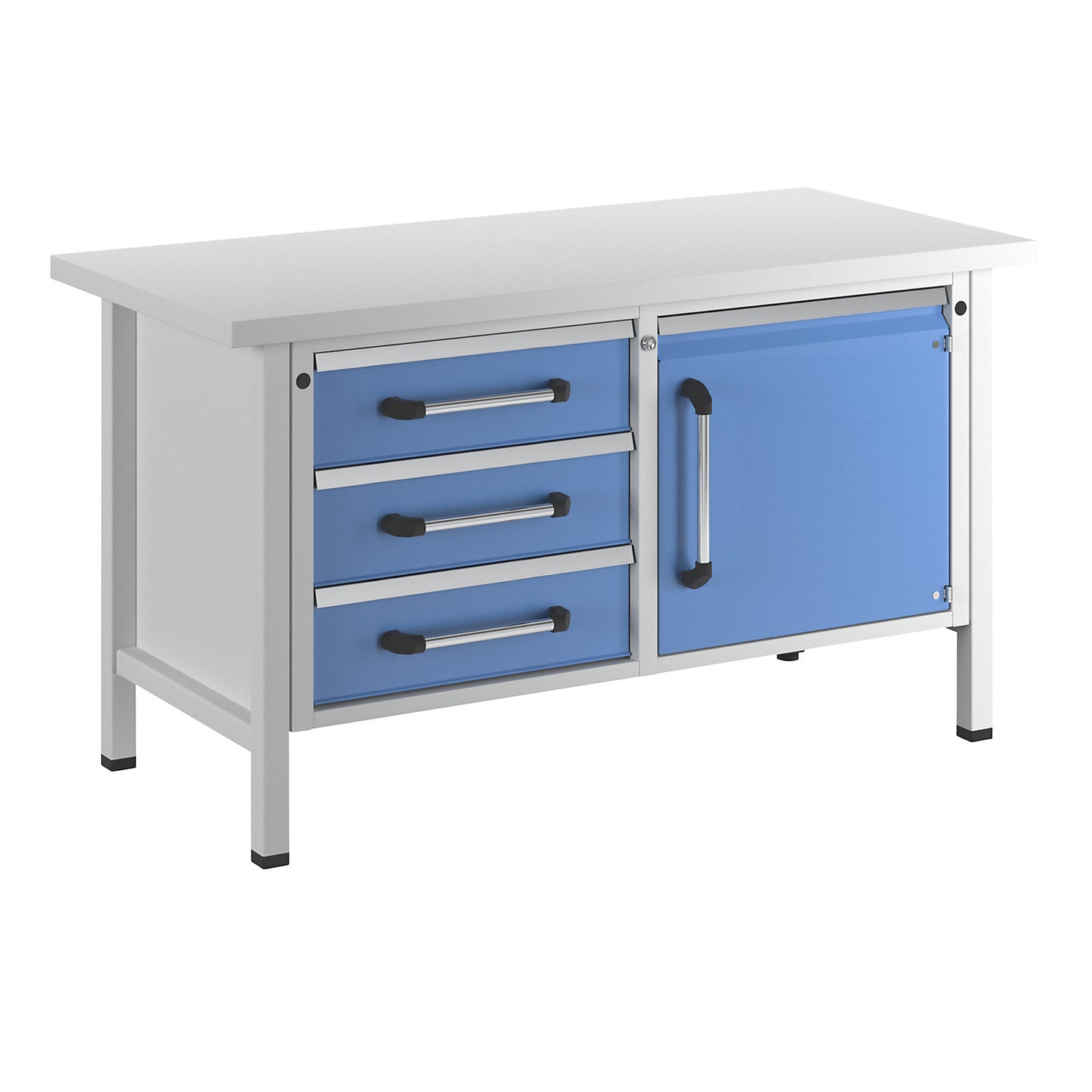 Workbench, frame construction, width 1500 mm, 3 drawers, 1 door, universal worktop.