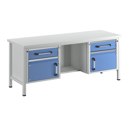 Workbench, frame construction, width 2000 mm, 2 drawers, 2 doors, universal worktop.