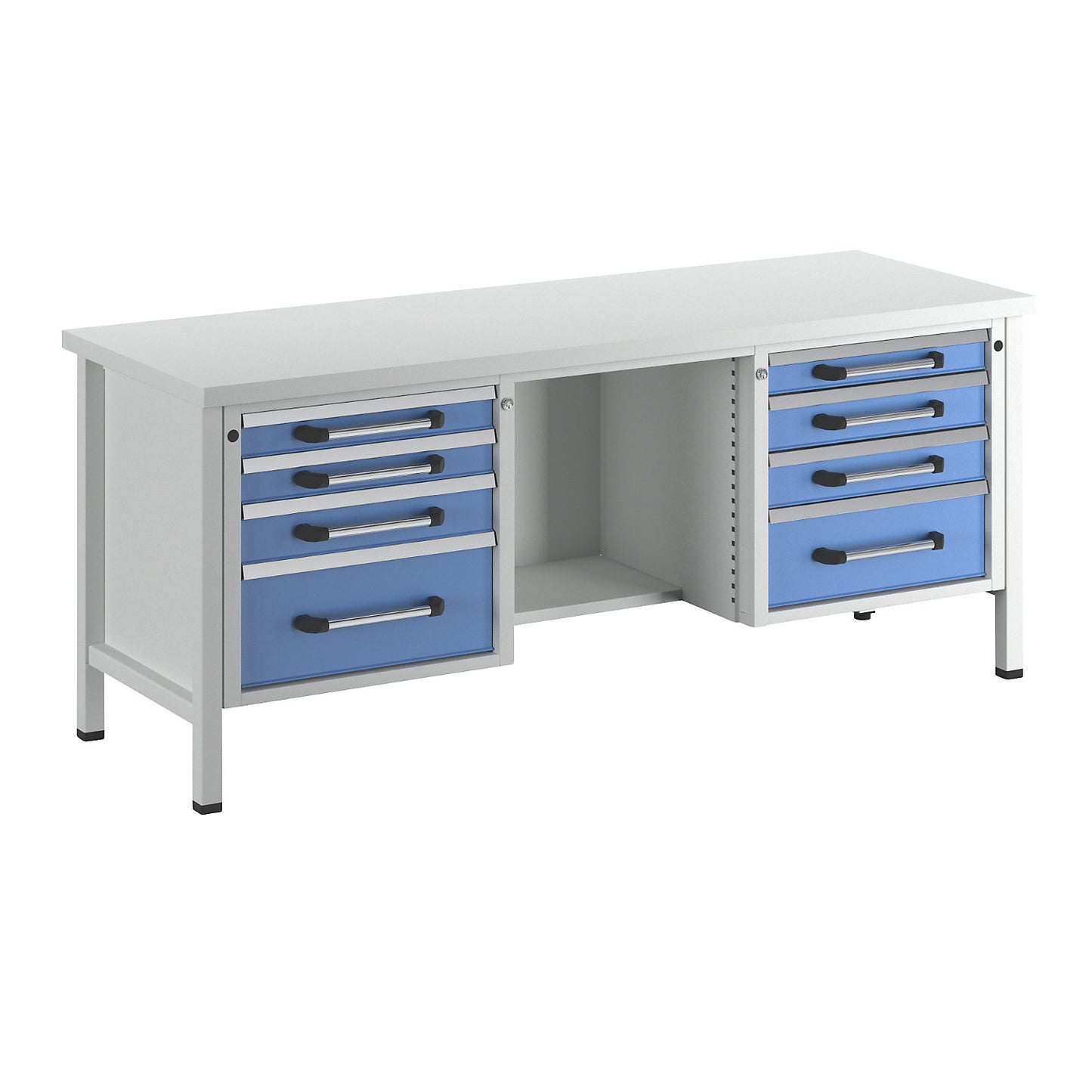 Workbench, frame construction, width 2000 mm, 8 drawers, universal worktop.