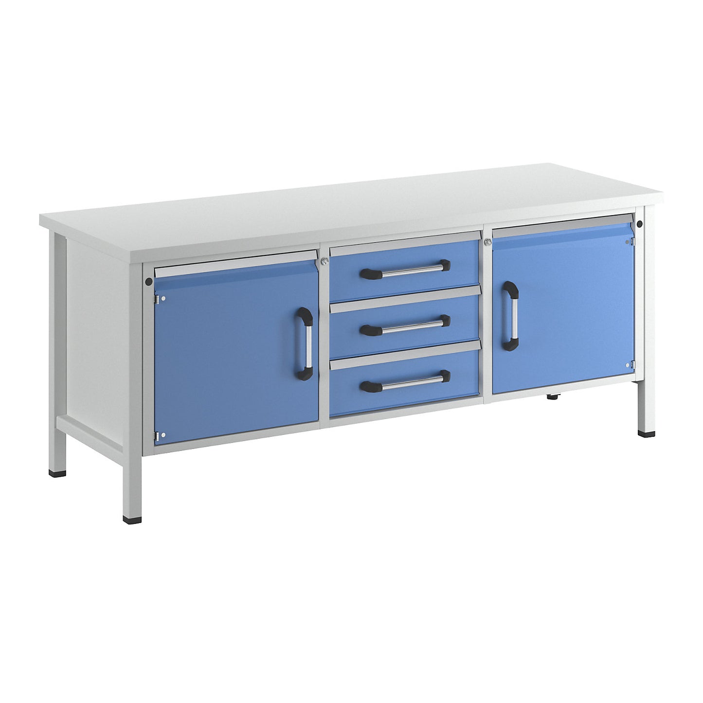 Workbench, frame construction, width 2000 mm, 3 drawers, 2 doors, universal worktop.