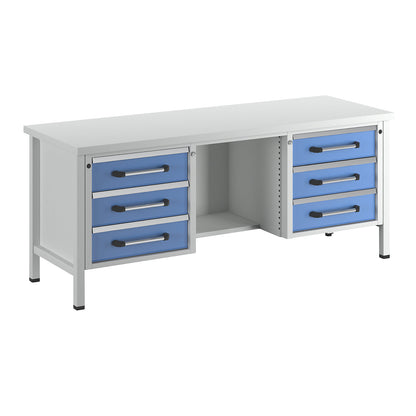 Workbench, frame construction, width 2000 mm, 6 drawers, 1/2 shelf, universal worktop.