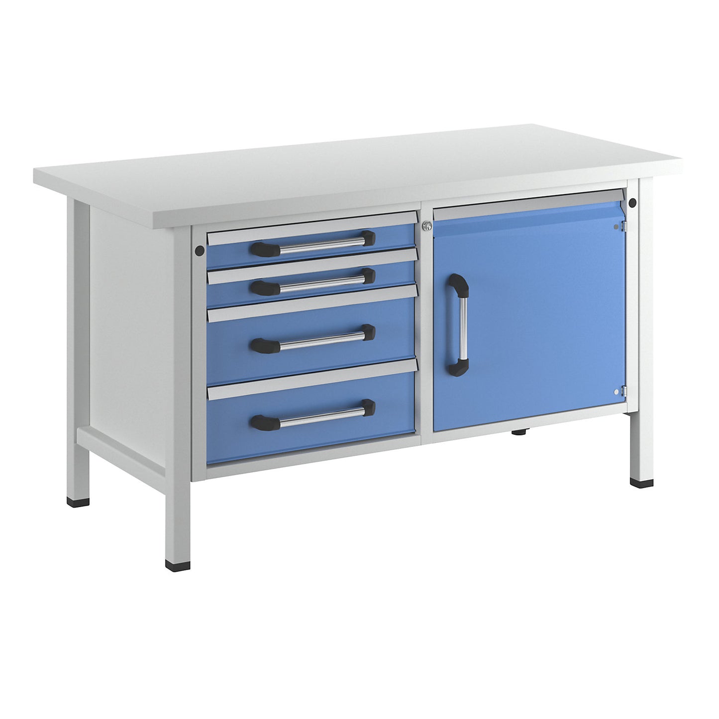 Workbench, frame construction, width 1500 mm, 4 drawers, 1 door, light blue, universal worktop.