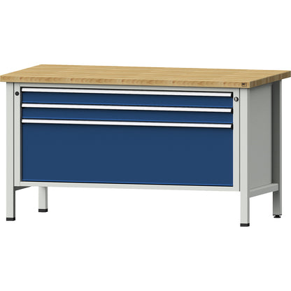Workbench with XL/XXL drawers, frame construction, width 1500 mm, 3 drawers, solid beech worktop, front in gentian blue.