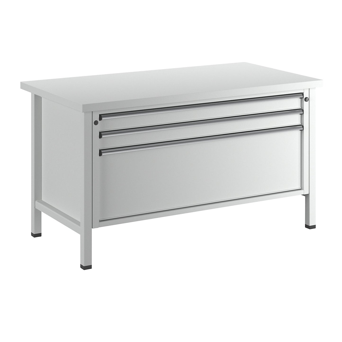 Workbench with XL/XXL drawers, frame construction, width 1500 mm, 3 drawers, universal worktop, front in light grey.