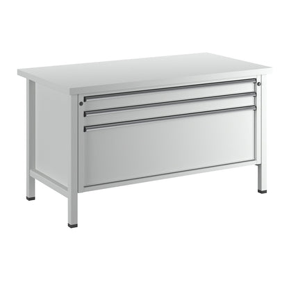 Workbench with XL/XXL drawers, frame construction, width 1500 mm, 3 drawers, universal worktop, front in light grey.