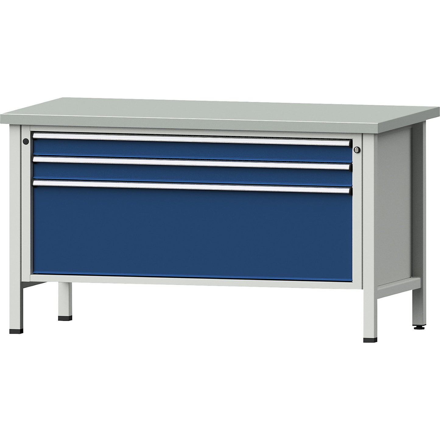 Workbench with XL/XXL drawers, frame construction, width 1500 mm, 3 drawers, sheet steel covered worktop, front in gentian blue.