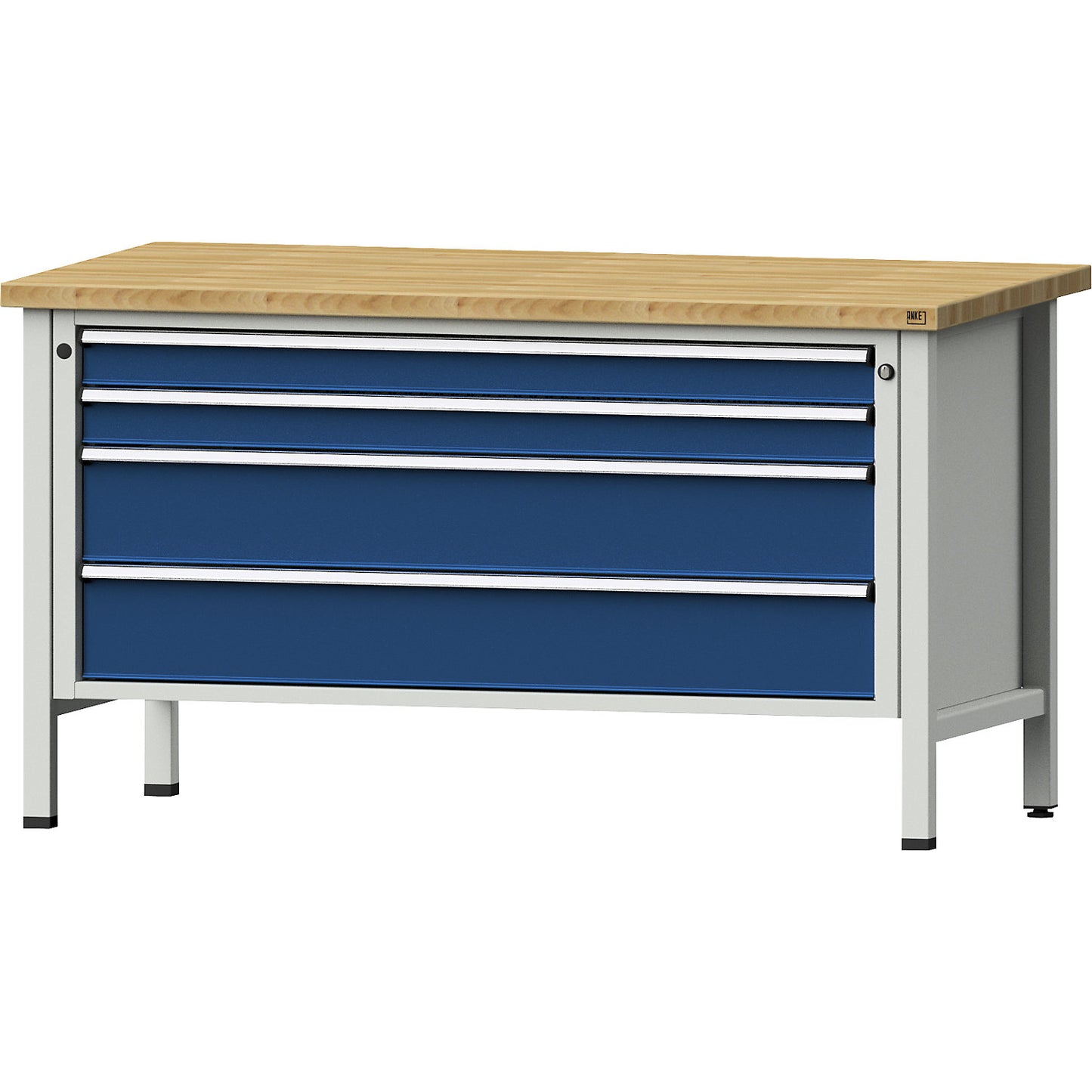 Workbench with XL/XXL drawers, frame construction, width 1500 mm, 4 drawers, solid beech worktop, front in gentian blue.