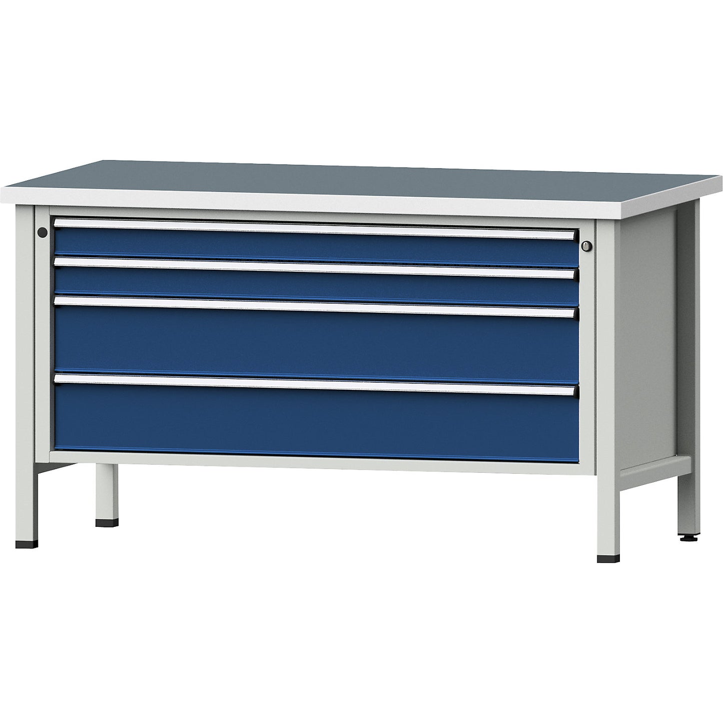 Workbench with XL/XXL drawers, frame construction, width 1500 mm, 4 drawers, universal worktop, front in gentian blue.