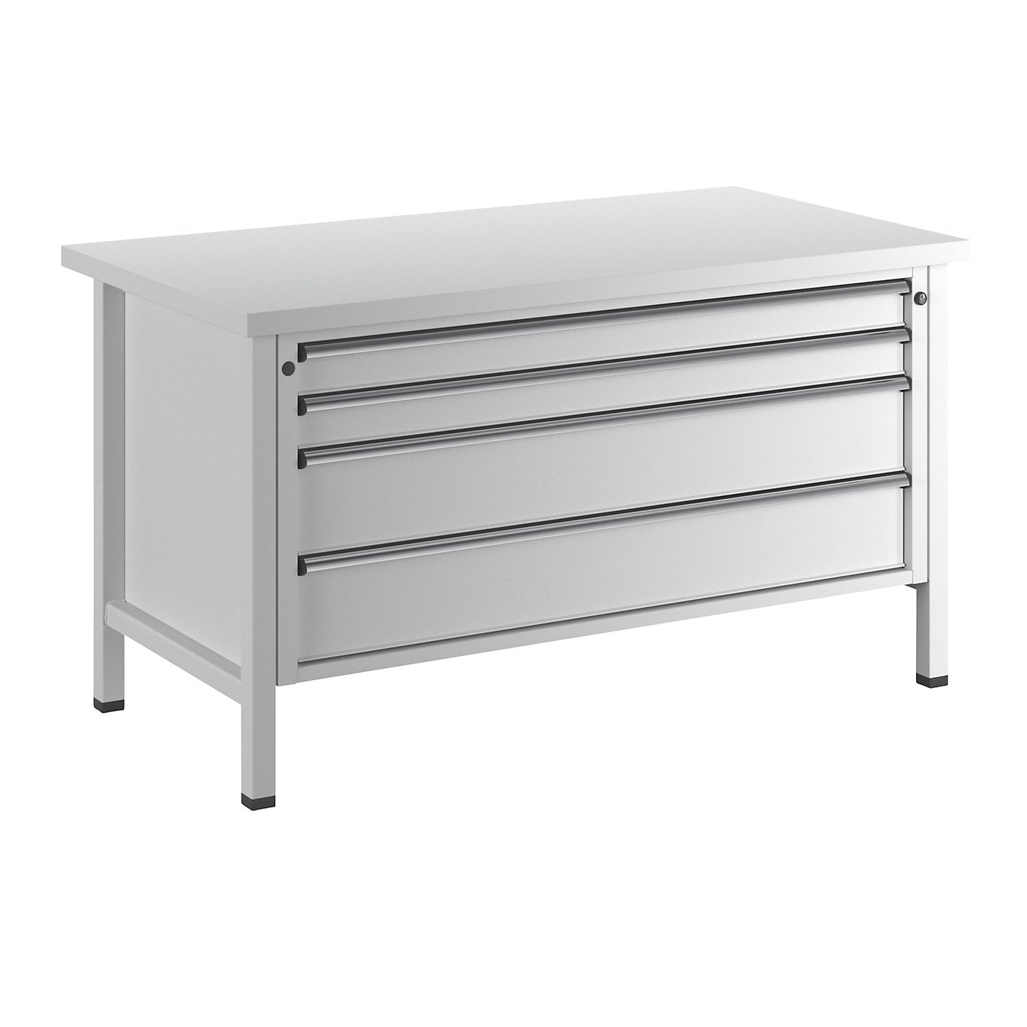 Workbench with XL/XXL drawers, frame construction, width 1500 mm, 4 drawers, universal worktop, front in light grey.