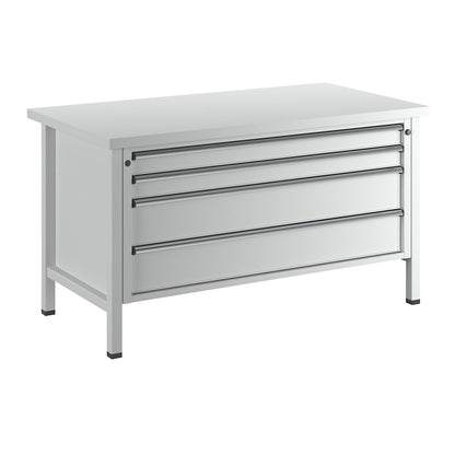 Workbench with XL/XXL drawers, frame construction, width 1500 mm, 4 drawers, universal worktop, front in light grey.