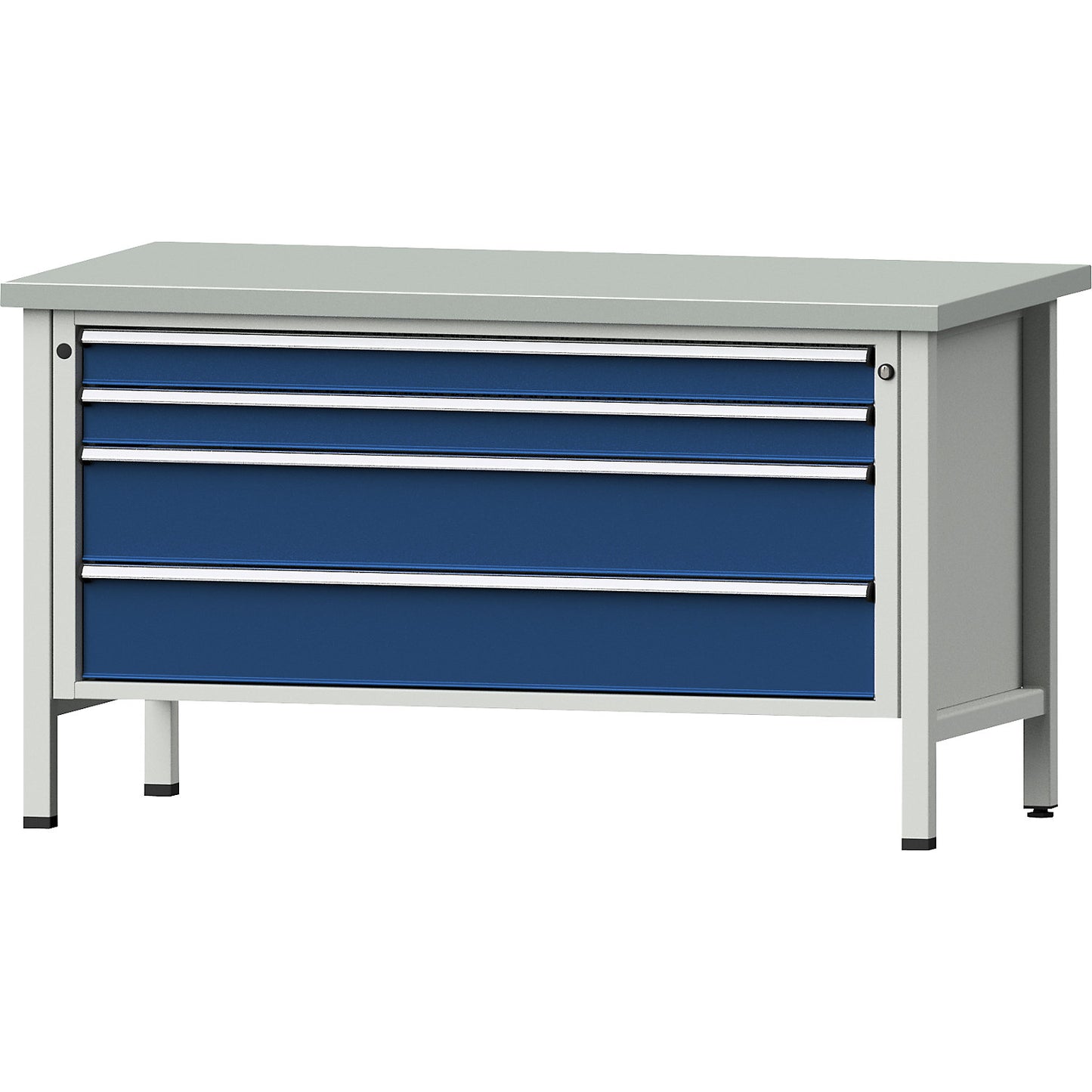 Workbench with XL/XXL drawers, frame construction, width 1500 mm, 4 drawers, sheet steel covered worktop, front in gentian blue.