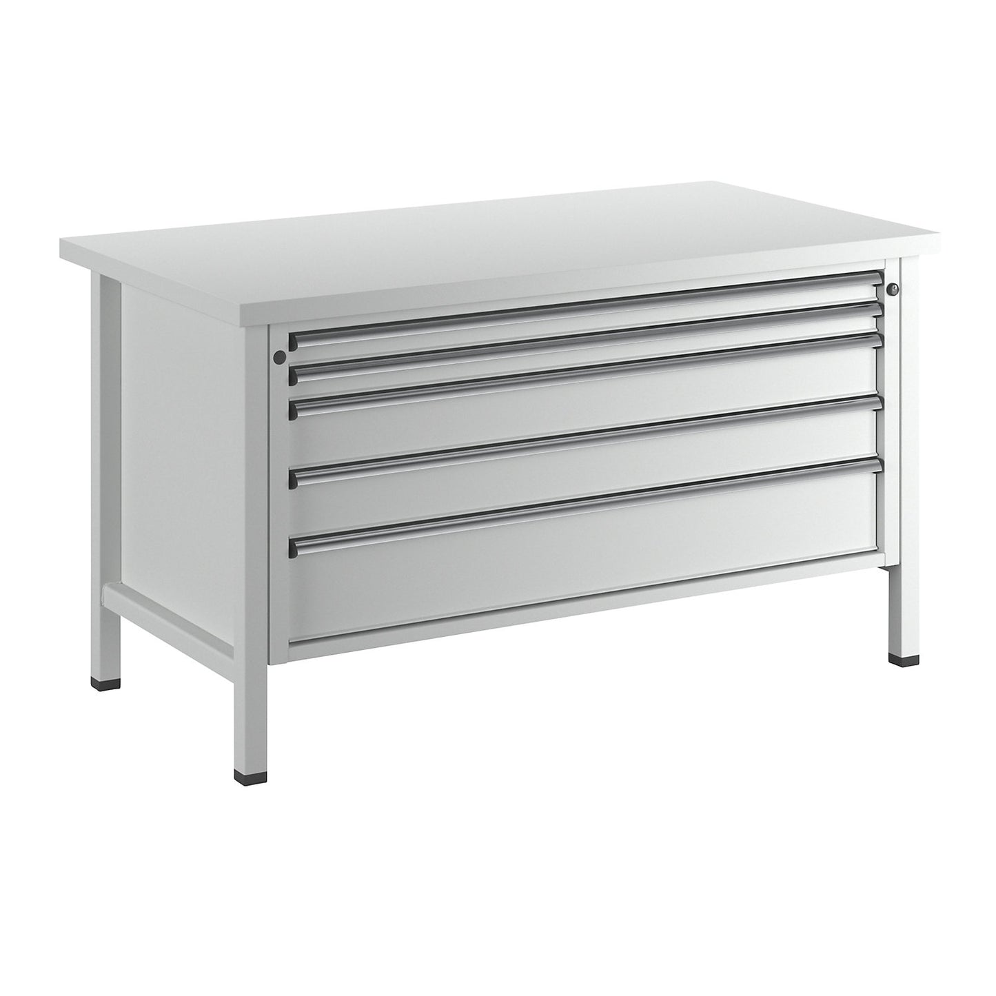 Workbench with XL/XXL drawers, frame construction, width 1500 mm, 5 drawers, universal worktop, front in light grey.