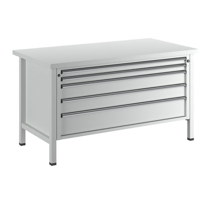Workbench with XL/XXL drawers, frame construction, width 1500 mm, 5 drawers, universal worktop, front in light grey.