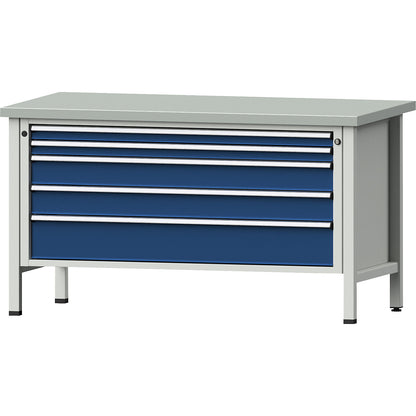 Workbench with XL/XXL drawers, frame construction, width 1500 mm, 5 drawers, sheet steel covered worktop, front in gentian blue.
