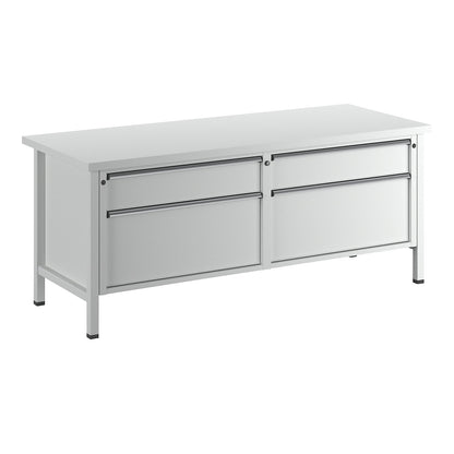 Workbench with XL/XXL drawers, frame construction, width 2000 mm, 4 drawers, universal worktop, front in light grey.
