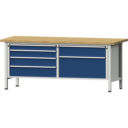 Workbench with XL/XXL drawers, frame construction, width 2000 mm, 6 drawers, solid beech worktop, front in gentian blue.
