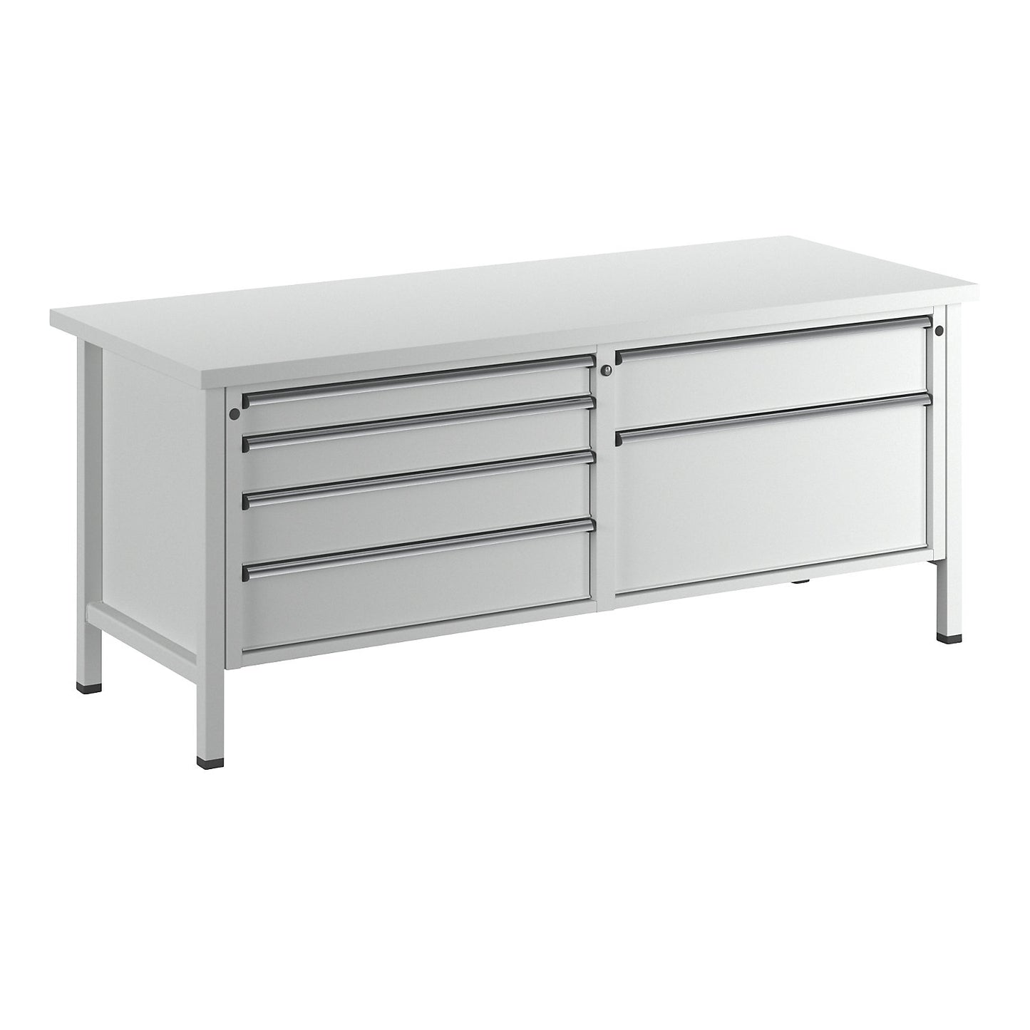 Workbench with XL/XXL drawers, frame construction, width 2000 mm, 6 drawers, universal worktop, front in light grey.